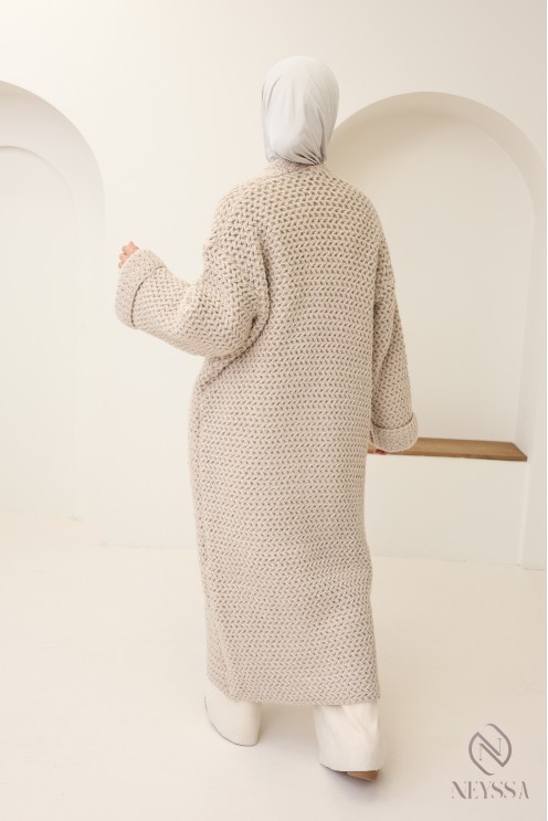 Trendy women's long cardigan ribbed detailing, chunky knit cardigan