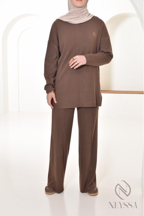 Ensemble en maille tissé marron chocolat