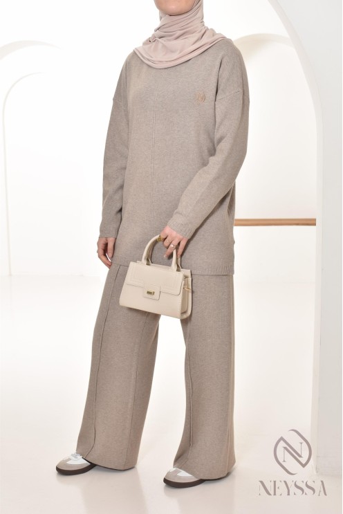 ensemble femme 2 pièces taupe en maille tissée Neyssa Confection