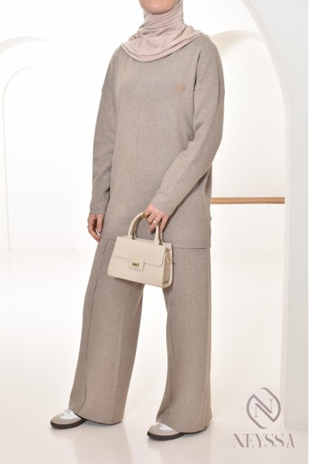 ensemble femme 2 pièces taupe en maille tissée Neyssa Confection