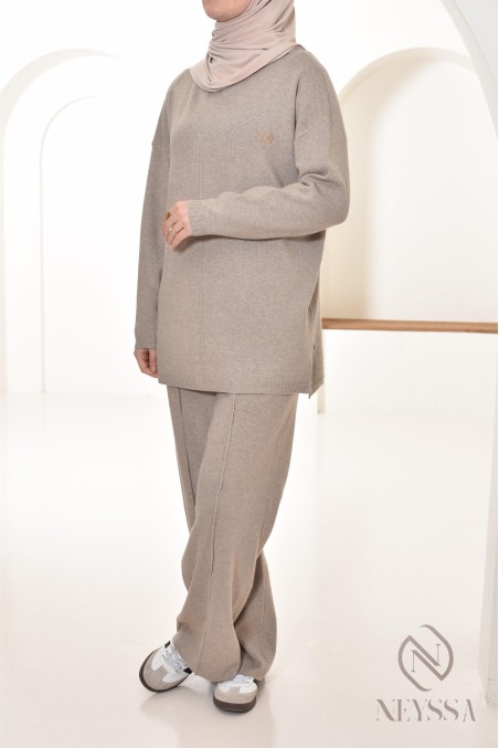 ensemble femme 2 pièces taupe en maille tissée Neyssa Confection