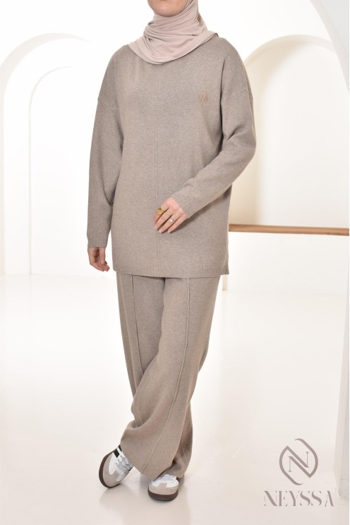 ensemble femme 2 pièces taupe en maille tissée Neyssa Confection