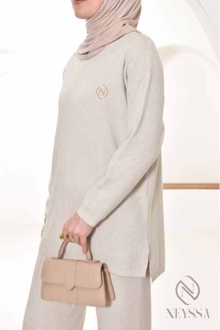 beige women's set in woven knit, cocooning style, by Neyssa