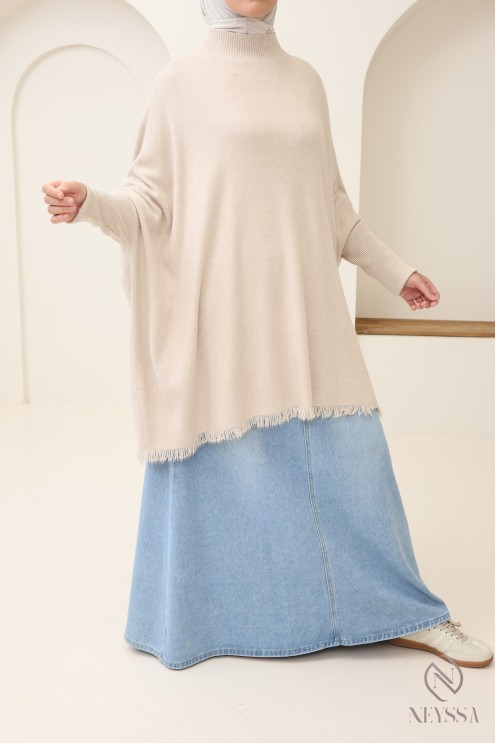 Pull en maille col montant mi long à franges pour femme hijabi