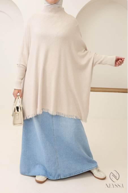 Mittellanger Strickpullover mit Stehkragen und Fransen für Hijabi