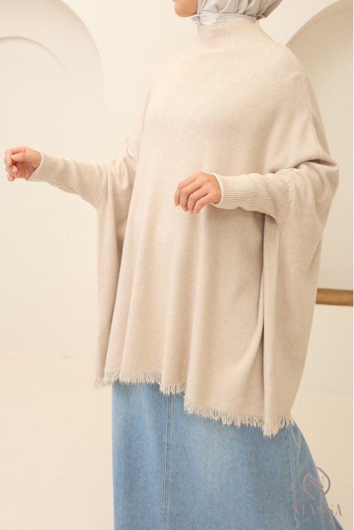 Mittellanger Strickpullover mit Stehkragen und Fransen für Hijabi