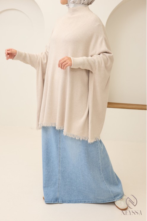 Mittellanger Strickpullover mit Stehkragen und Fransen für Hijabi