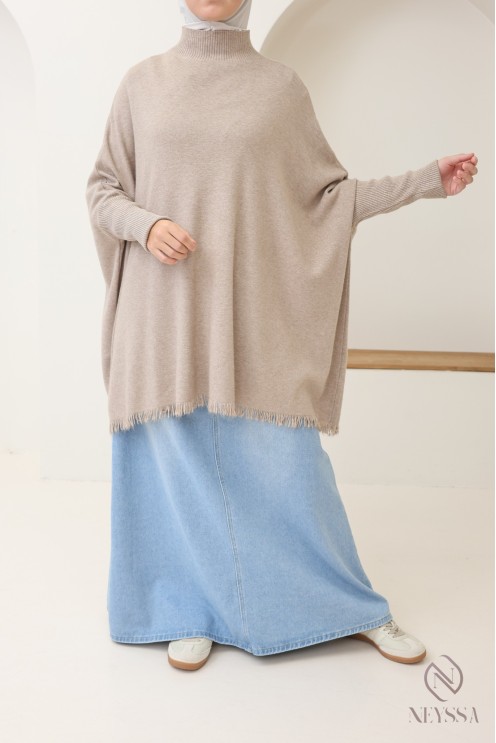 Mid-length fringed turtleneck knit sweater for hijabi women