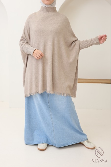 Pull en maille col montant mi long à franges pour femme hijabi