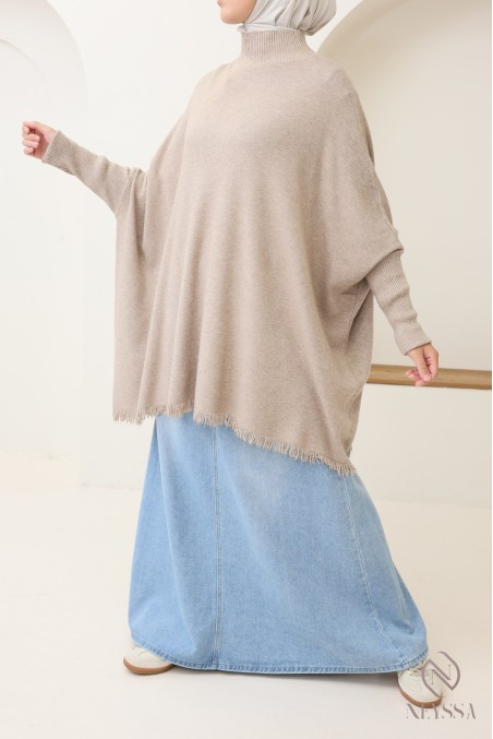 Pull en maille col montant mi long à franges pour femme hijabi