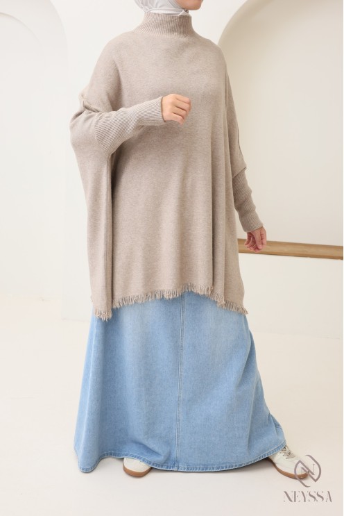 Mid-length fringed turtleneck knit sweater for hijabi women