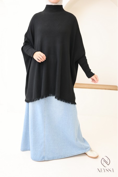 Mittellanger Strickpullover mit Stehkragen und Fransen für Hijabi