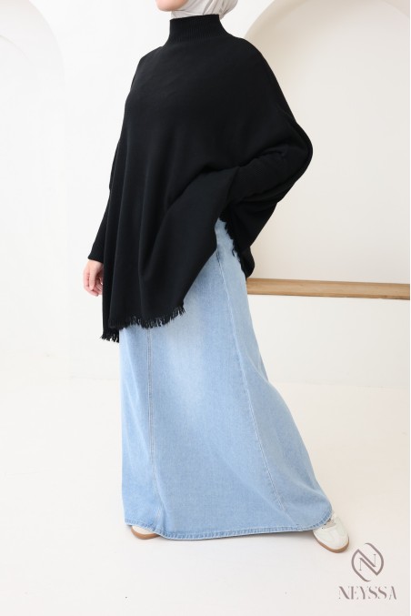 Pull en maille col montant mi long à franges pour femme hijabi