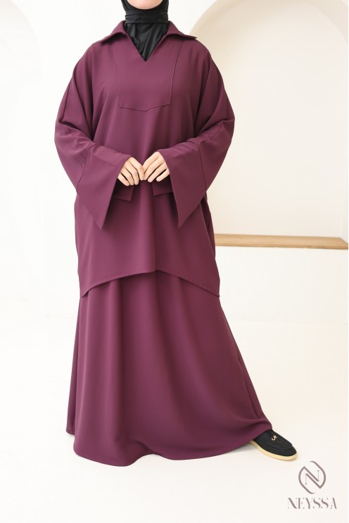 Ensemble 2 pièces jupe longue + tunique violet pour femme hijabi