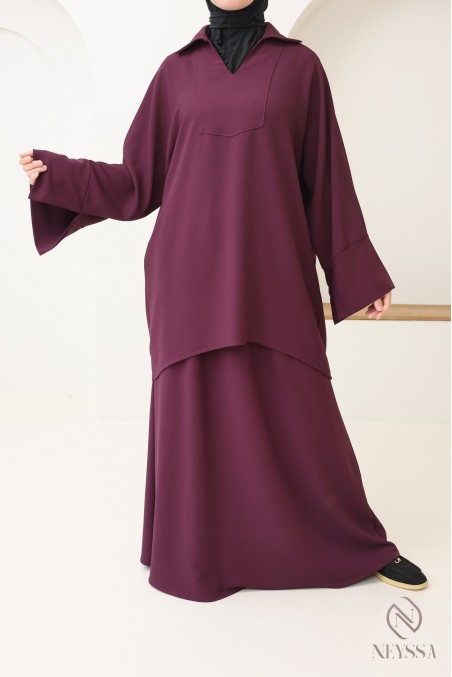 Ensemble 2 pièces jupe longue + tunique violet pour femme hijabi