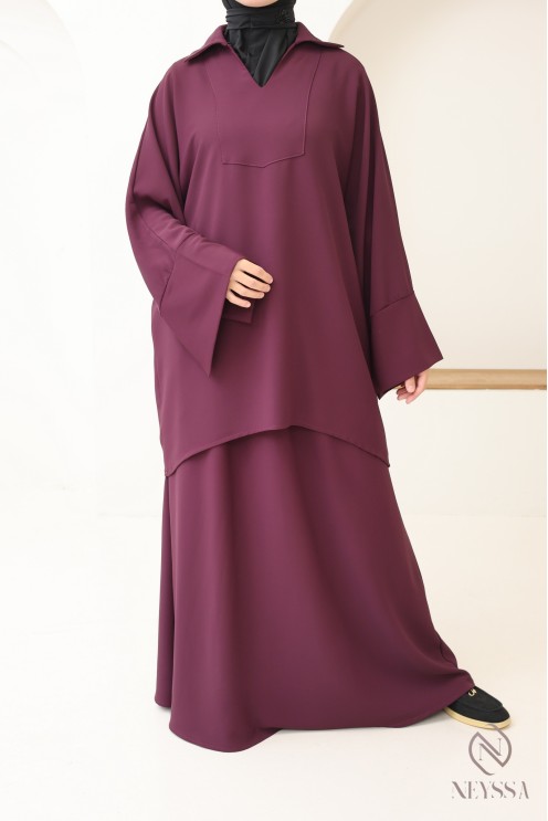 Ensemble 2 pièces jupe longue + tunique violet pour femme hijabi
