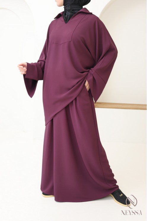 Ensemble 2 pièces jupe longue + tunique violet pour femme hijabi