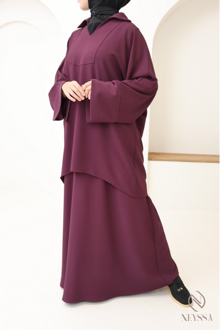 Ensemble 2 pièces jupe longue + tunique violet pour femme hijabi