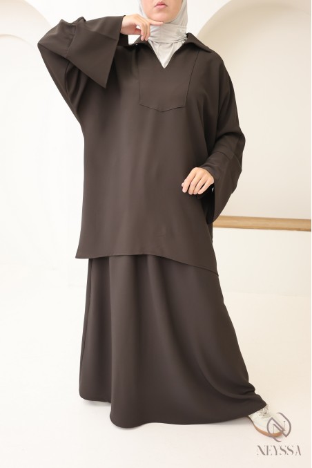 Ensemble mastour marron pour femme blouse et jupe taille élastique, tissu léger