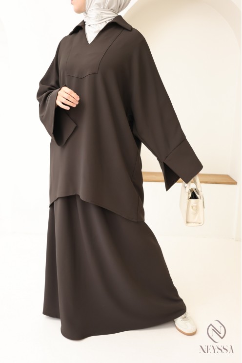 Ensemble mastour marron pour femme blouse et jupe taille élastique, tissu léger