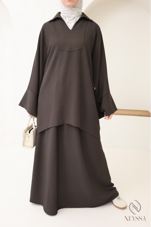 Ensemble mastour marron pour femme blouse et jupe taille élastique, tissu léger