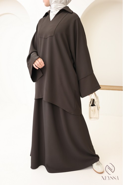 Ensemble mastour marron pour femme blouse et jupe taille élastique, tissu léger