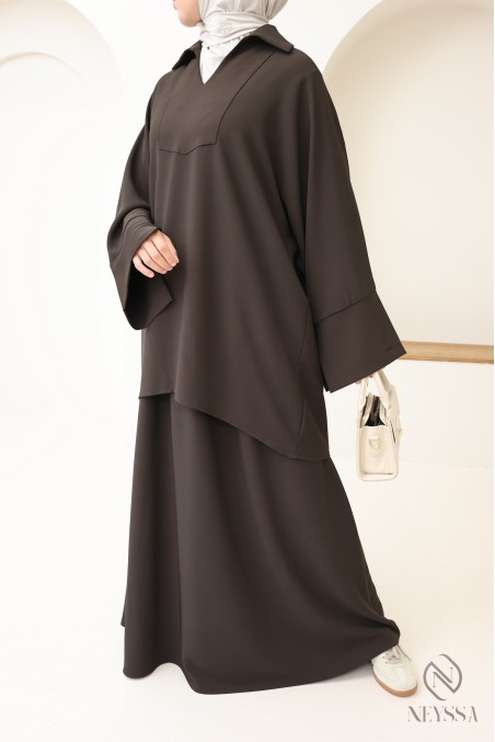 Ensemble mastour marron pour femme blouse et jupe taille élastique, tissu léger