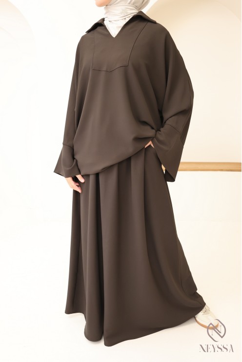 Ensemble mastour marron pour femme blouse et jupe taille élastique, tissu léger