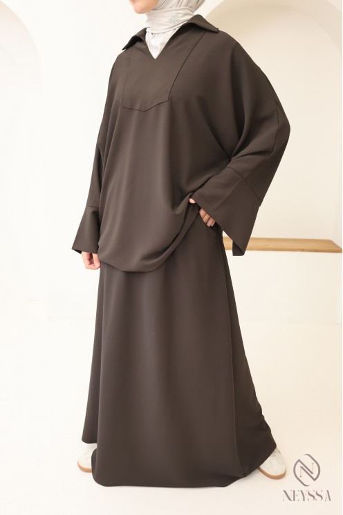 Ensemble mastour marron pour femme blouse et jupe taille élastique, tissu léger