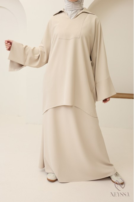 Modest tunic + brown skirt set, opaque crepe fabric