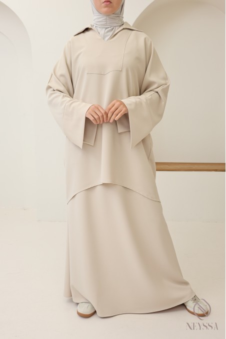 Ensemble modeste tunique + jupe marron, tissu crêpe opaque