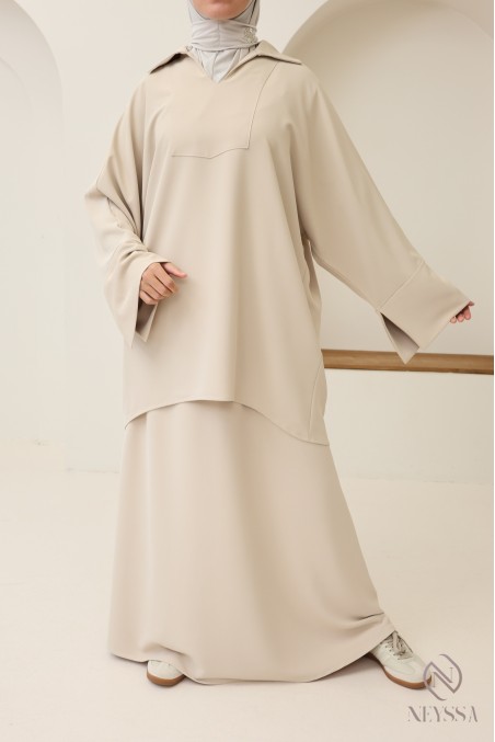 Ensemble modeste tunique + jupe marron, tissu crêpe opaque