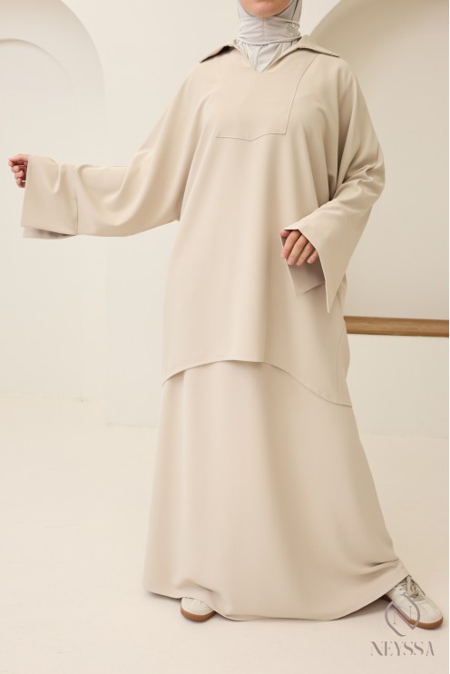 Ensemble modeste tunique + jupe marron, tissu crêpe opaque