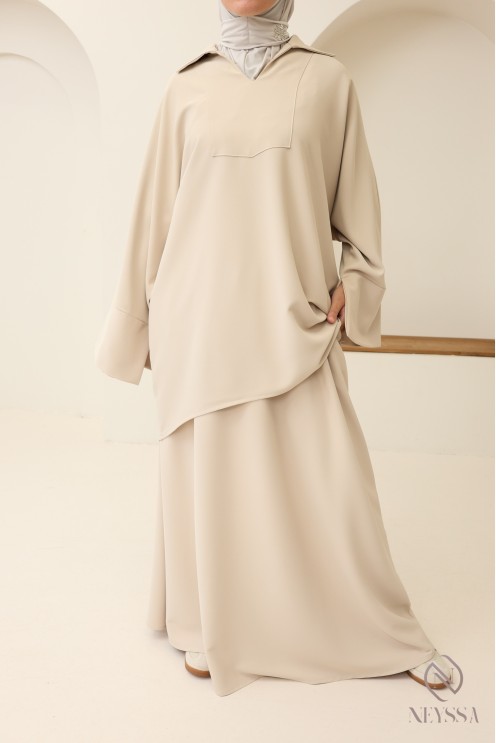 Modest tunic + brown skirt set, opaque crepe fabric