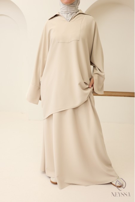 Modest tunic + brown skirt set, opaque crepe fabric