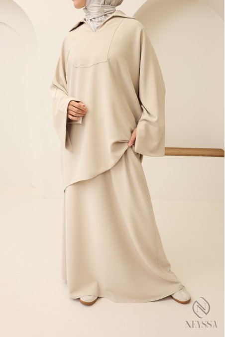 Modest tunic + brown skirt set, opaque crepe fabric