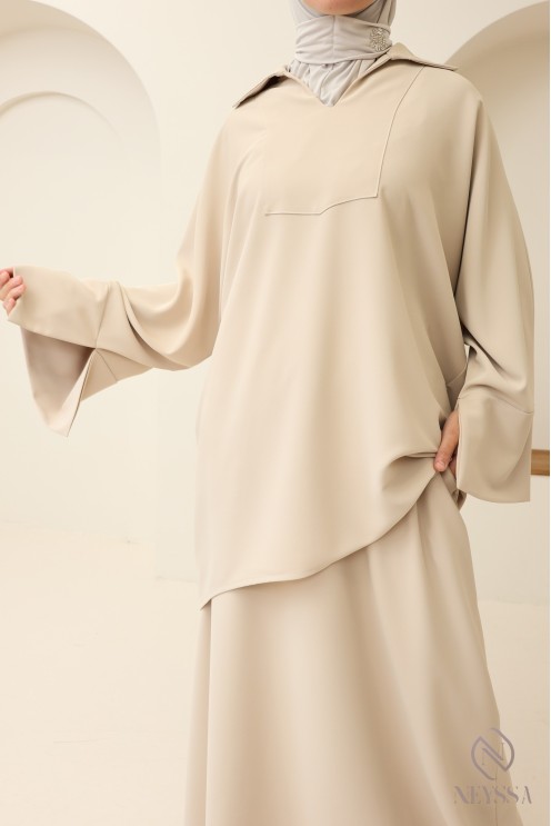 Ensemble modeste tunique + jupe marron, tissu crêpe opaque