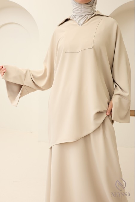 Ensemble modeste tunique + jupe marron, tissu crêpe opaque