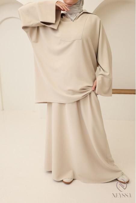 Ensemble modeste tunique + jupe marron, tissu crêpe opaque