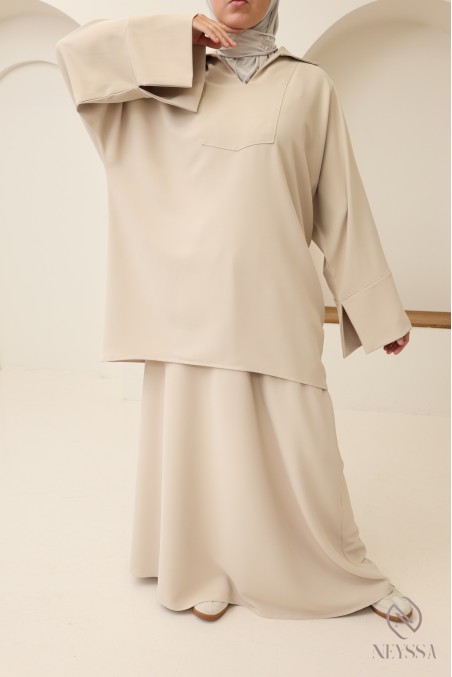 Modest tunic + brown skirt set, opaque crepe fabric