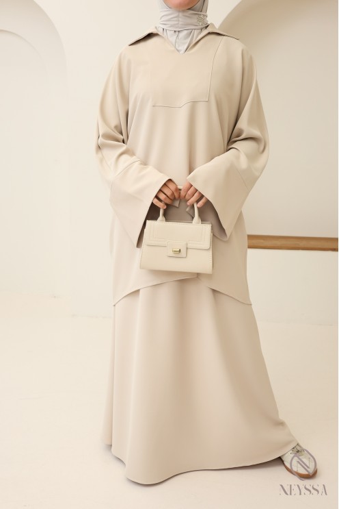 Modest tunic + brown skirt set, opaque crepe fabric