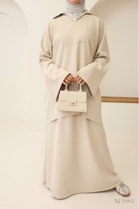 Modest tunic + brown skirt set, opaque crepe fabric