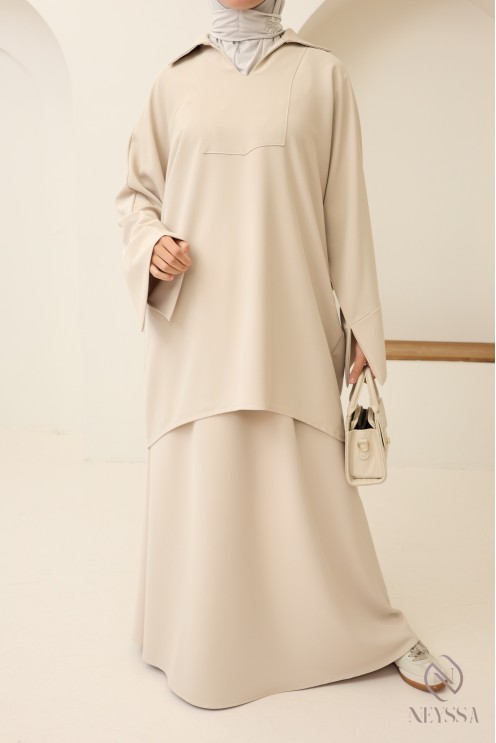 Modest tunic + brown skirt set, opaque crepe fabric