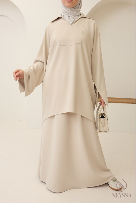 Modest tunic + brown skirt set, opaque crepe fabric