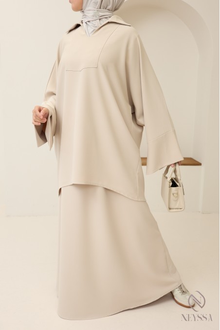 Modest tunic + brown skirt set, opaque crepe fabric