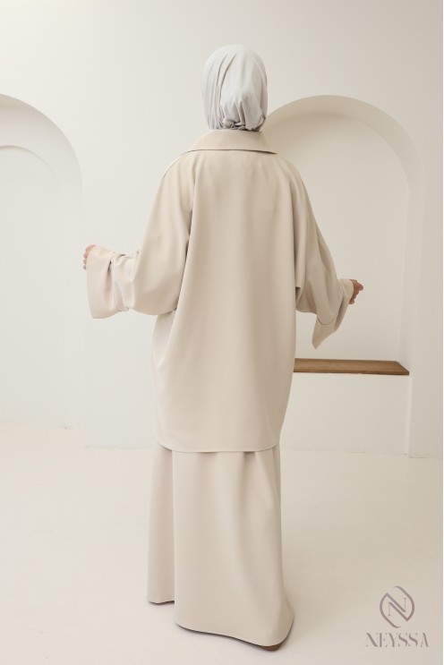 Ensemble modeste tunique + jupe marron, tissu crêpe opaque