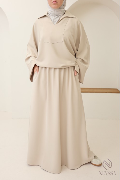 Modest tunic + brown skirt set, opaque crepe fabric
