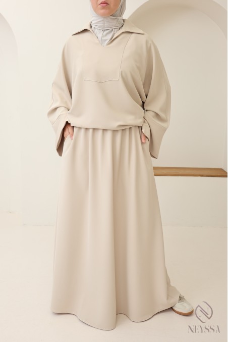 Modest tunic + brown skirt set, opaque crepe fabric