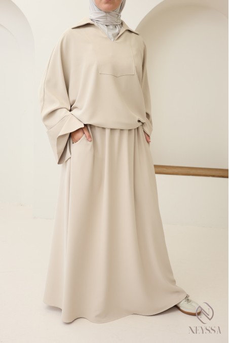 Modest tunic + brown skirt set, opaque crepe fabric