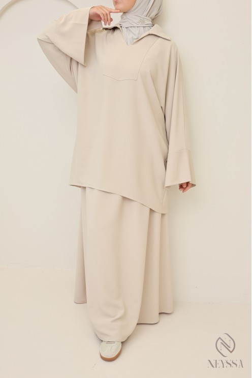Modest tunic + brown skirt set, opaque crepe fabric